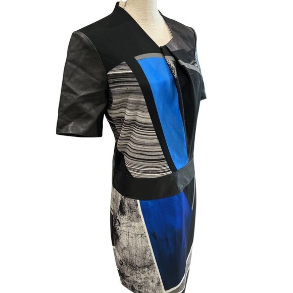 Helmut Lang Colorblock Leather & Print Short Sleeve Dress With Back Zip Closure - Picture 3 of 11